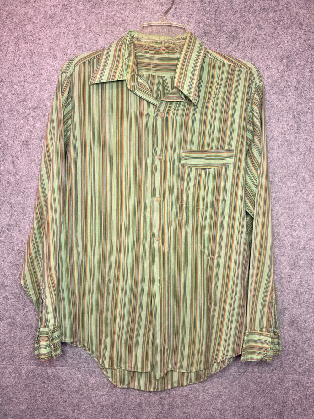 Vintage 70s Mens L Striped Button Down Shirt Hollywood Studio Wardrobe Green